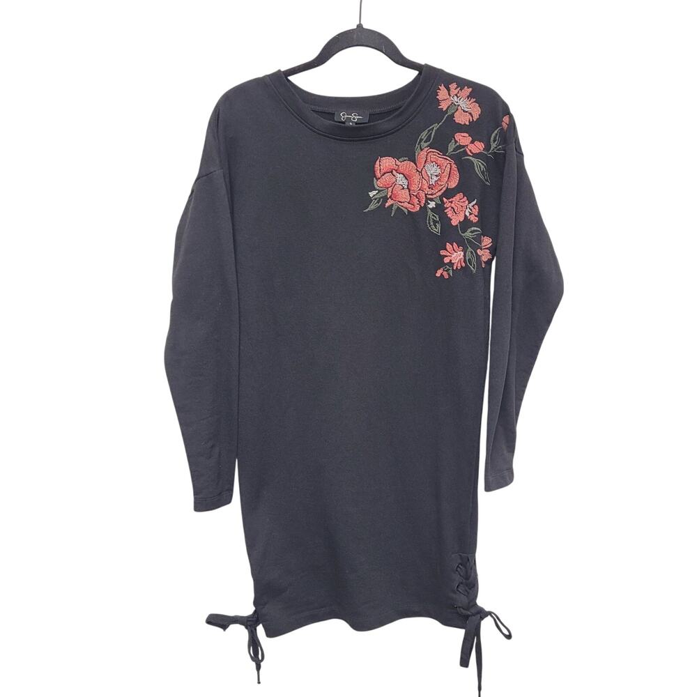 Jessica Simpson Black Floral Lace Up Sweatshirt Dress S Boho Y2K Embroidered